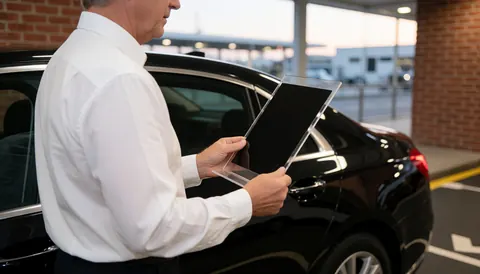 Chauffeur de taxi debout près d'une berline noire dans une zone aéroportuaire au coucher du soleil avec un mur en briques.