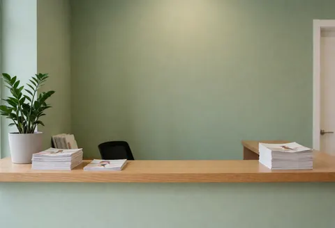 Réception d'une école de danse avec table en bois, plantes vertes, brochures, murs vert olive, ambiance chaleureuse.