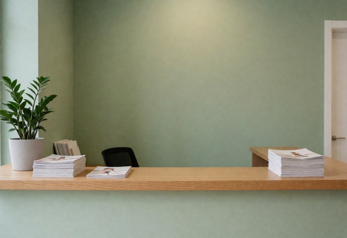 Réception d'une école de danse avec table en bois, plantes vertes, brochures, murs vert olive, ambiance chaleureuse.