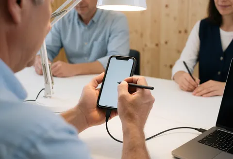 Un technicien utilise un stylet connecté à un ordinateur portable pour tester un smartphone dans un bureau en bois clair, pendant qu'une réunion a lieu en arrière-plan.