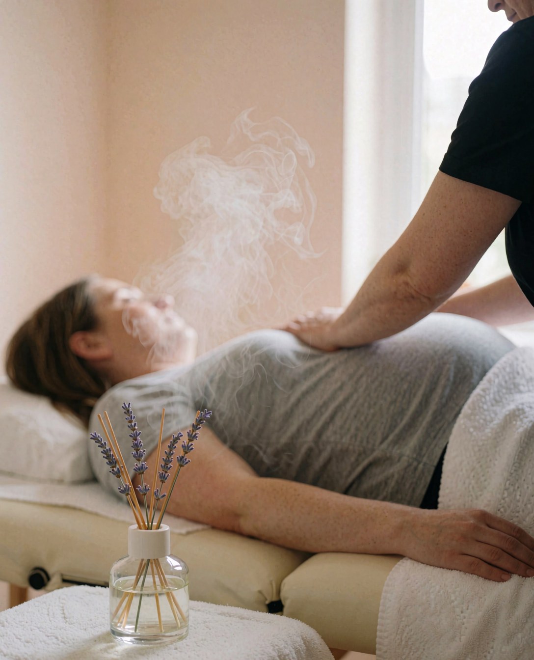 Une femme enceinte allongée sur une table de massage bénéficie d'un soin, avec un diffuseur de lavande visible en premier plan sur fond beige.
