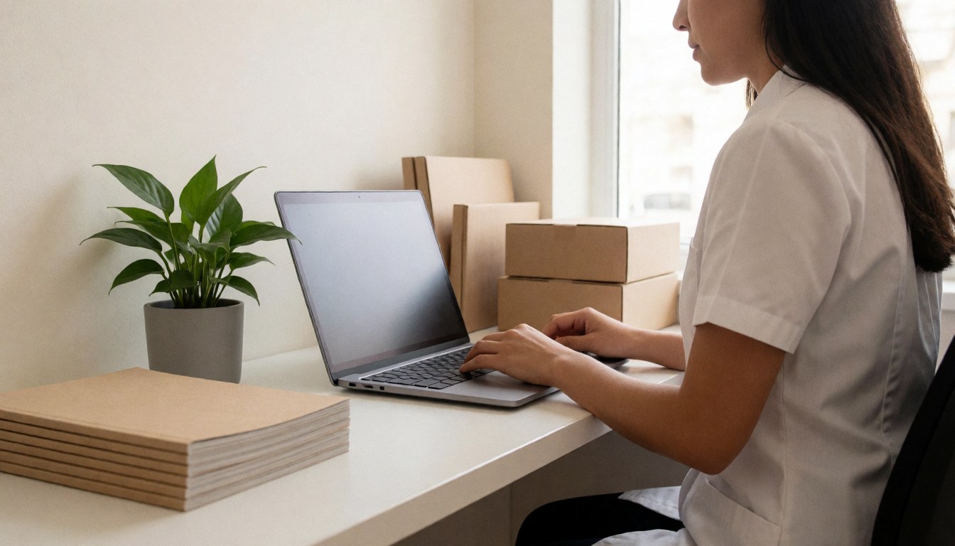 Un individu travaille sur un ordinateur portable dans un bureau moderne, entouré de boîtes d'expédition et d'une plante verte, baigné de lumière naturelle.
