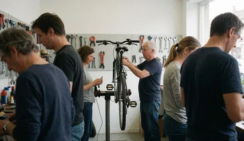 Un mécanicien ajuste une bicyclette sur un support pendant que plusieurs personnes observent dans un atelier de réparation équipé d'outils au mur.