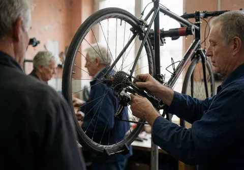 Un mécanicien ajuste le dérailleur d'un vélo noir dans un atelier aux murs en plâtre terracotta, éclairé par la lumière naturelle.