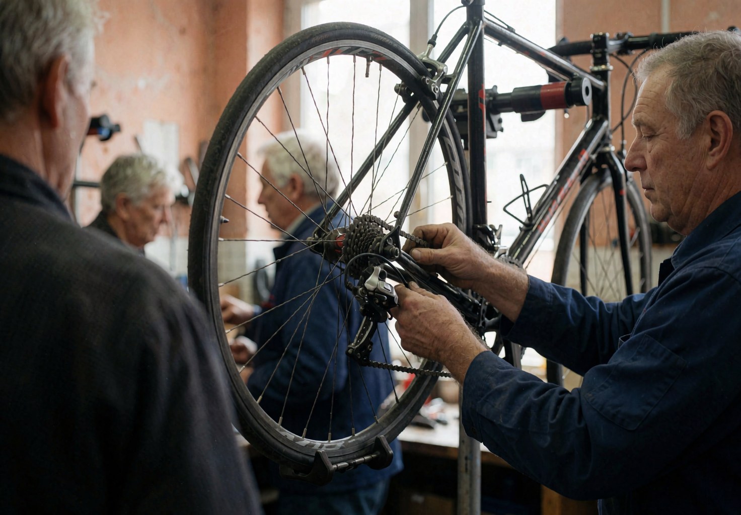 Un mécanicien ajuste le dérailleur d'un vélo noir dans un atelier aux murs en plâtre terracotta, éclairé par la lumière naturelle.