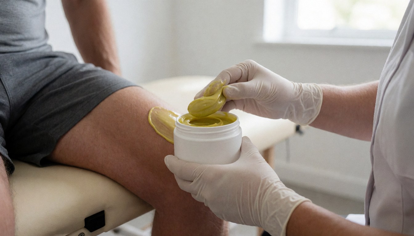 Thérapeute appliquant une crème sur la jambe d'un athlète assis sur une table de massage dans un espace clair.