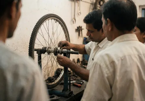 Un mécanicien ajuste une roue de vélo dans un atelier équipé d'outils et de murs blancs, illustrant un service de réparation en cours.