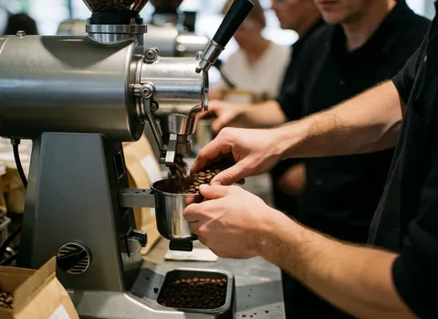Des mains recueillent du café fraîchement moulu provenant d'une machine à café dans un établissement de service.