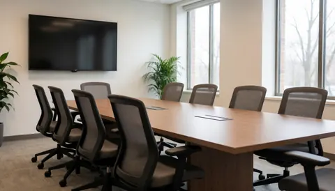Salle de réunion moderne avec table en bois et chaises ergonomiques, fenêtres laissant entrer la lumière naturelle et plante décorative.