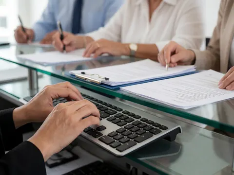 Mains sur un clavier devant un écran, sur une table en verre, pendant que d'autres signent des documents dans un cadre professionnel.