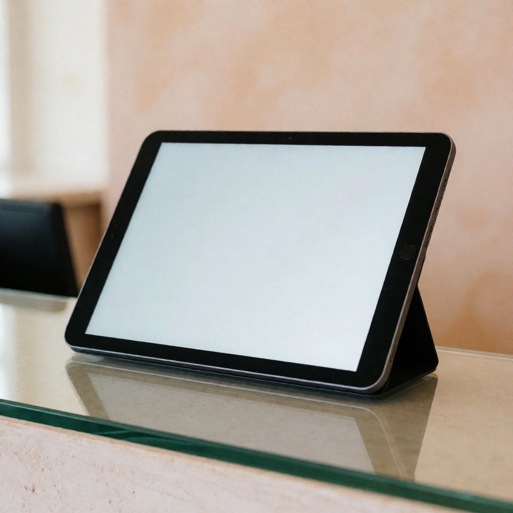 Tablette numérique posée sur un comptoir de réception avec des murs en plâtre terracotta clair, idéale pour les services de service à la clientèle.
