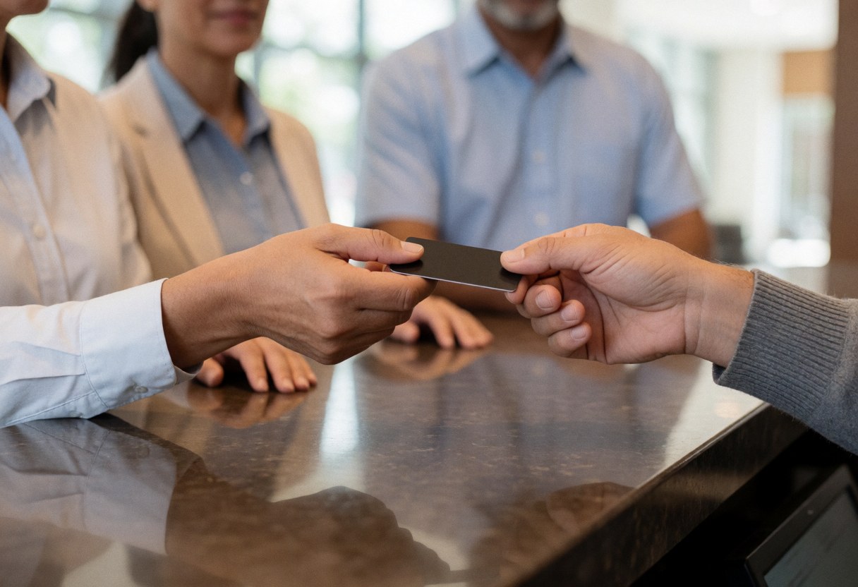 Des mains échangent une carte sur un bureau poli, avec d'autres clients en arrière-plan.