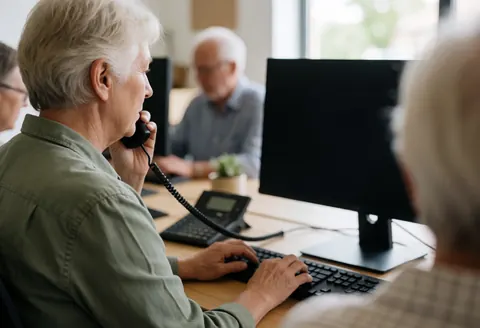 Un professionnel travaille à son bureau en utilisant un téléphone et un ordinateur dans un environnement lumineux et moderne.