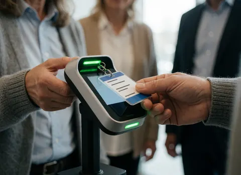 Des mains tenant une carte de visiteur devant un lecteur numérique affichant des lumières vertes dans un environnement de bureau moderne.