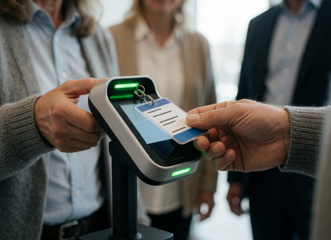 Des mains tenant une carte de visiteur devant un lecteur numérique affichant des lumières vertes dans un environnement de bureau moderne.
