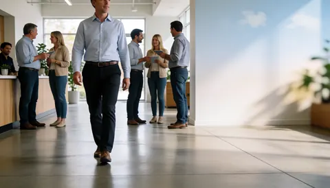 Un homme traverse un couloir de bureau moderne au sol brillant, tandis que des collègues discutent en groupe, évoquant un environnement professionnel dynamique.