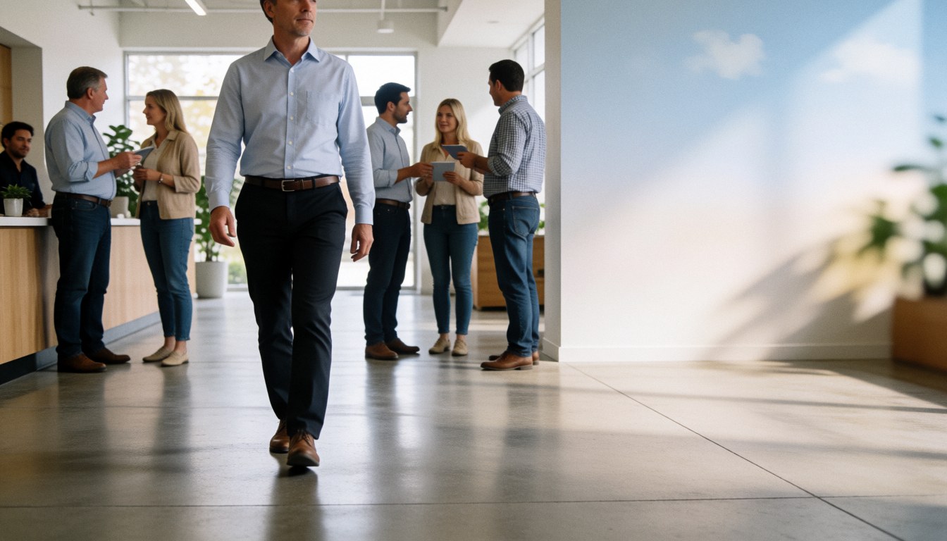 Un homme traverse un couloir de bureau moderne au sol brillant, tandis que des collègues discutent en groupe, évoquant un environnement professionnel dynamique.