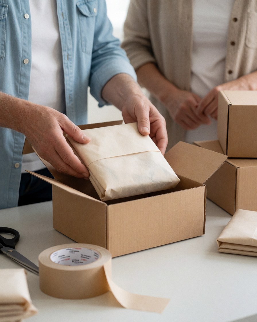Des mains placent un produit emballé en papier kraft dans une boîte en carton sur une table blanche, avec du ruban adhésif et des ciseaux à proximité.