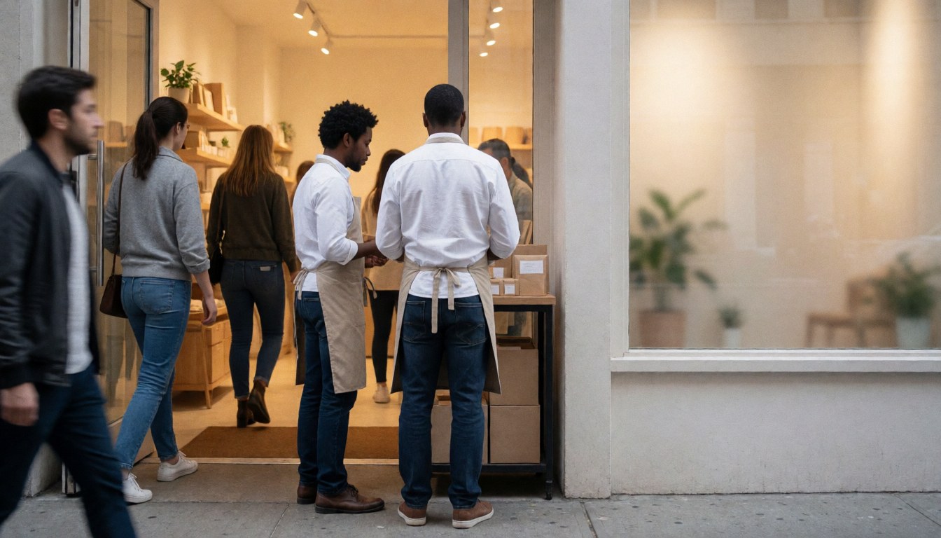 Deux employés portant des tabliers assistent des clients à l'entrée d'un commerce. Des caisses de produits sont visibles, avec une lumière chaleureuse et des passants sur le trottoir.