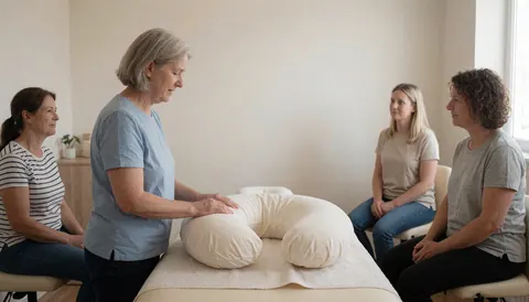 Une thérapeute maternelle ajuste un coussin en C sur une table de massage pendant que quatre clientes observent dans une pièce lumineuse et aérée.