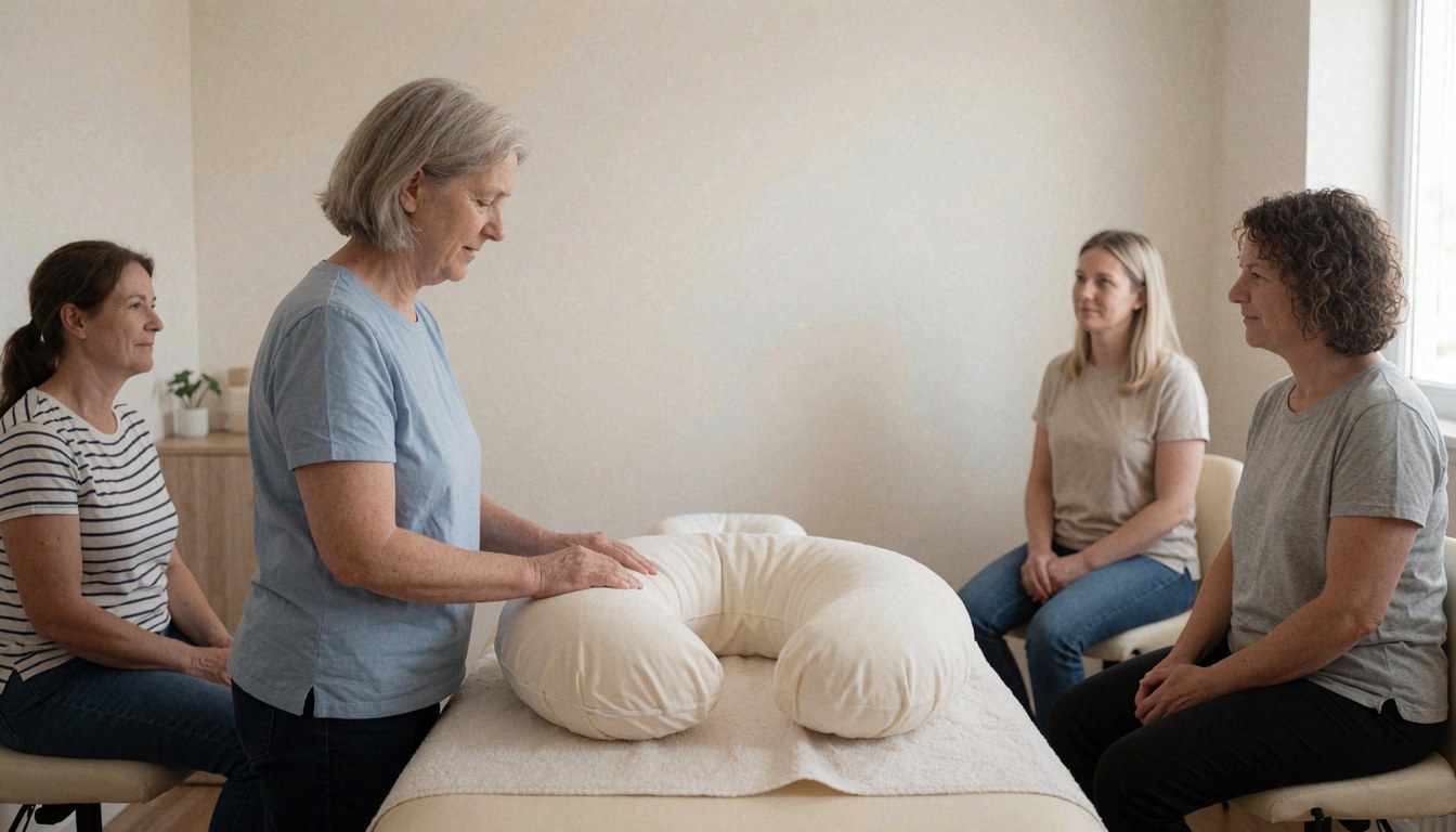 Une thérapeute maternelle ajuste un coussin en C sur une table de massage pendant que quatre clientes observent dans une pièce lumineuse et aérée.