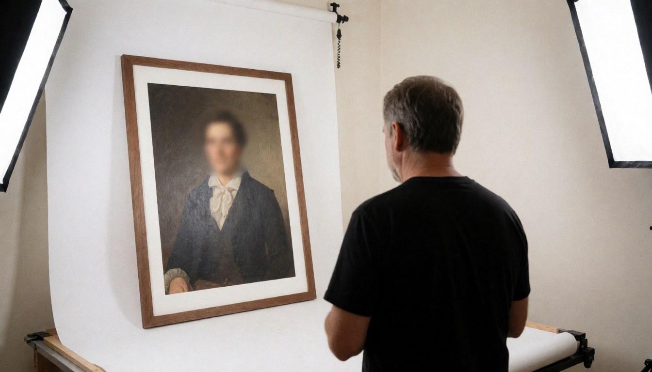 Un photographe de portrait examine un portrait encadré dans un studio avec un fond blanc et des lumières softbox.