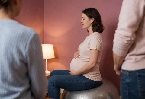 Une femme enceinte pose les mains sur son ventre, assise sur un ballon de yoga dans un intérieur aux murs roses avec une lampe.