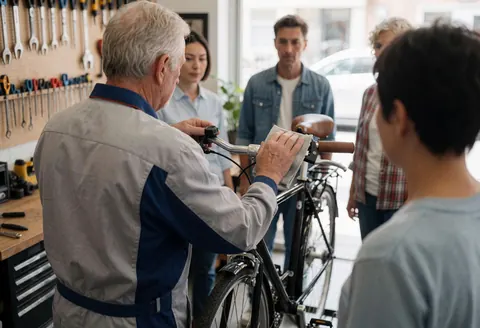 Mécanicien en uniforme nettoie le guidon d'un vélo noir dans un atelier pendant que des clients observent le service de maintenance.