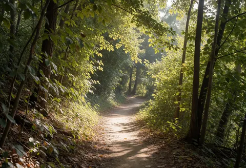 Chemin de terre traversant une forêt dense avec des rayons de soleil filtrant à travers les arbres, créant une ambiance naturelle et lumineuse.