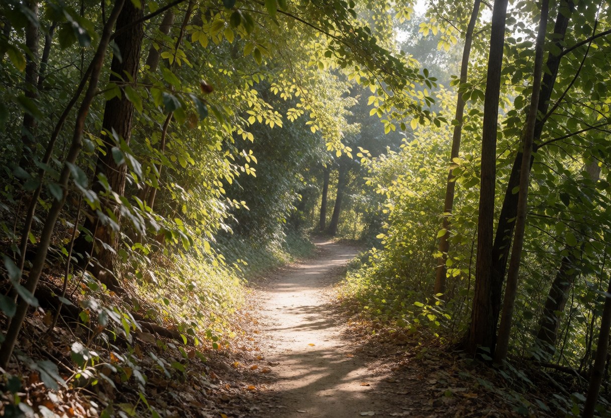 Chemin de terre traversant une forêt dense avec des rayons de soleil filtrant à travers les arbres, créant une ambiance naturelle et lumineuse.