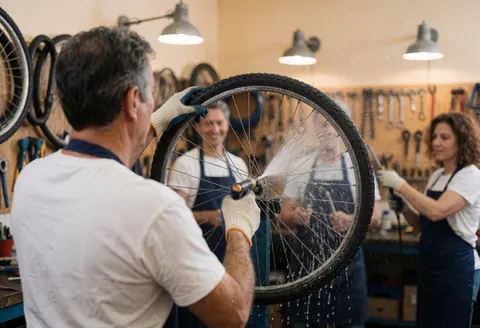 Mécanicien en atelier lavant une roue de vélo avec un jet d'eau, des outils suspendus et d'autres travailleurs en arrière-plan