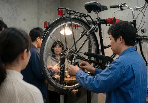 Un mécanicien ajuste le dérailleur d'un vélo noir dans un atelier aux murs en béton éclairé par une lumière chaude.