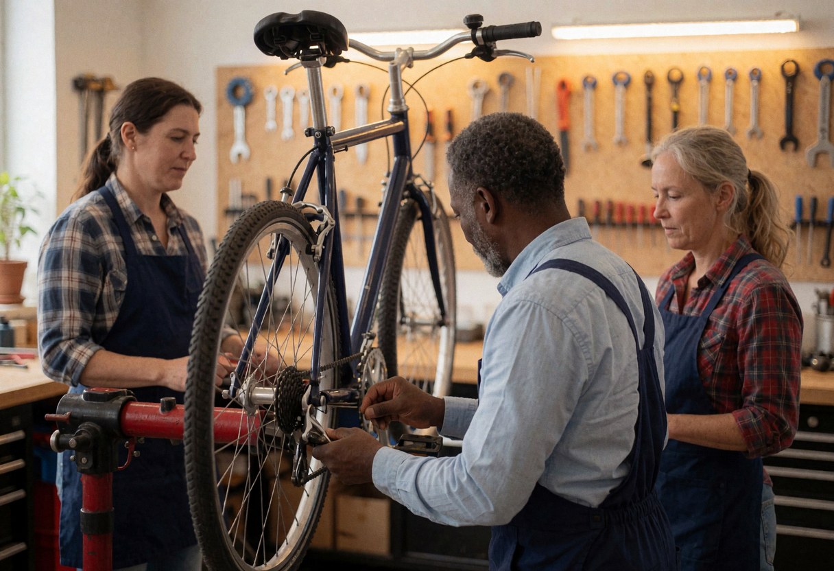Trois mécaniciens réparent une bicyclette dans un atelier équipé d'outils suspendus au mur et d'un support de réparation.