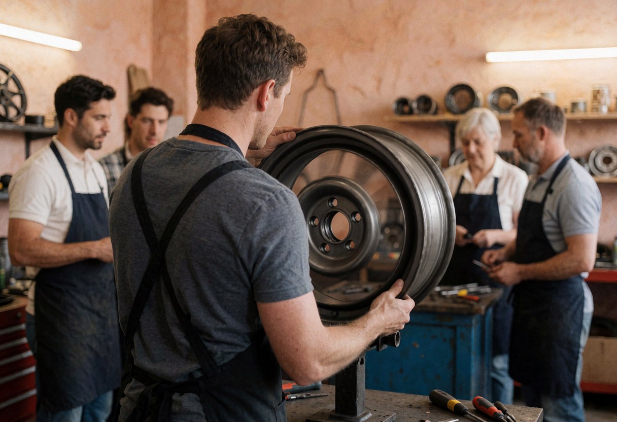 Mécanicien examinant une roue fixée sur un support dans un atelier avec des murs en plâtre terracotta et d'autres professionnels travaillant en arrière-plan