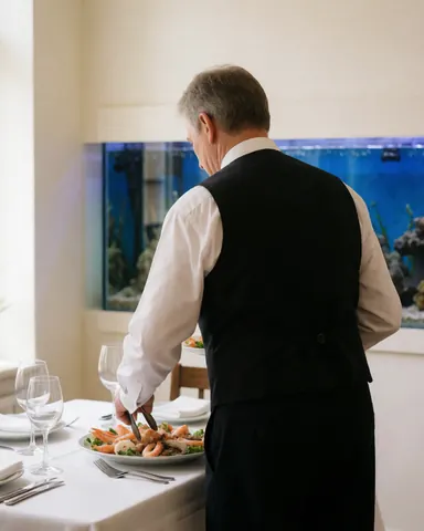 Serveur en uniforme noir servant des fruits de mer sur une table blanche devant un grand aquarium éclairé en bleu dans un restaurant élégant.