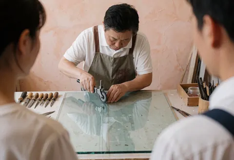 Un artisan en tablier coupe du verre avec un outil spécialisé dans un atelier. Des murs clairs en plâtre et des outils de vitrier bien organisés sont visibles en arrière-plan.
