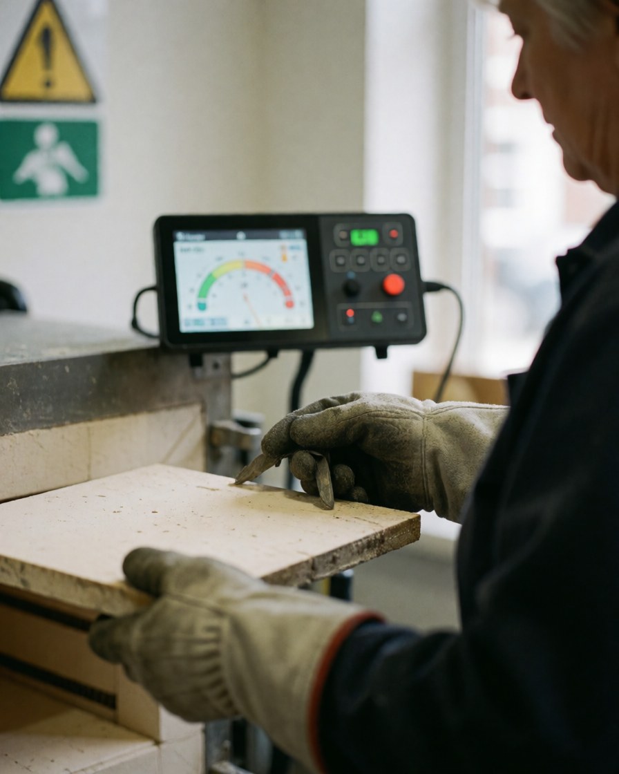 Une main portant un gant de sécurité ajuste les paramètres sur un dispositif de contrôle numérique dans un atelier de céramique, avec des panneaux de sécurité visibles en arrière-plan.