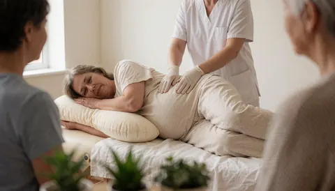 Un thérapeute en gants masse le dos d'une femme enceinte allongée sur une table, dans un espace lumineux avec des plantes et des murs blancs.