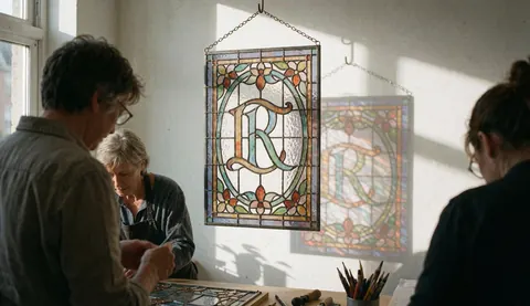 Atelier de verrerie décorative montrant une fenêtre en verre coloré suspendue, éclairée par la lumière naturelle et projetant des ombres sur un mur blanc.
