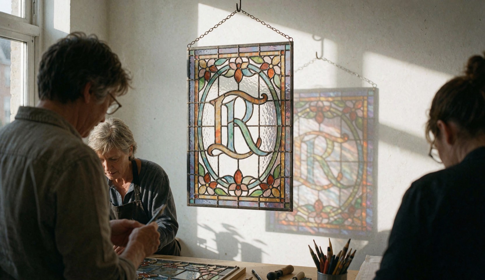 Atelier de verrerie décorative montrant une fenêtre en verre coloré suspendue, éclairée par la lumière naturelle et projetant des ombres sur un mur blanc.