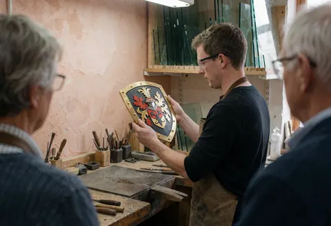 Un artisan portant des lunettes de sécurité examine attentivement un blason en verre décoratif au sein de son atelier, entouré d'outils et de panneaux de verre.