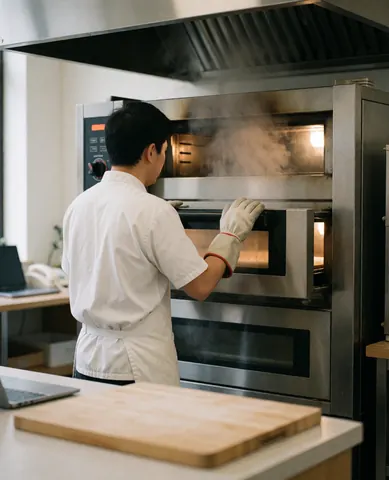 Boulanger avec des gants de protection examine un four industriel, illustrant l'équipement professionnel de boulangerie en action.