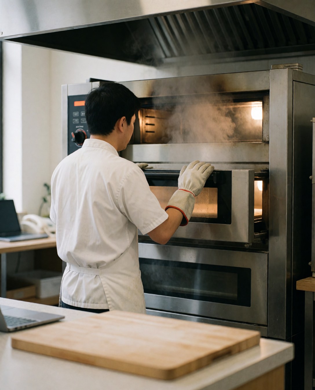 Boulanger avec des gants de protection examine un four industriel, illustrant l'équipement professionnel de boulangerie en action.