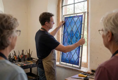 Un artisan en tablier pose un panneau de verre bleu sur une fenêtre d'église, entouré d'outils et de deux personnes observant l'intervention.