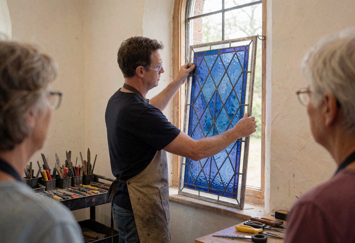 Un artisan en tablier pose un panneau de verre bleu sur une fenêtre d'église, entouré d'outils et de deux personnes observant l'intervention.