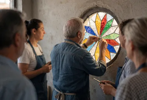 Artisan ajustant le plomb d'une fenêtre circulaire en verre coloré dans un atelier, sur un mur en béton, sous lumière naturelle.