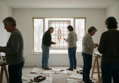 Des artisans posent un vitrail décoratif sur une fenêtre intérieure, avec des outils et une bâche de protection au sol.