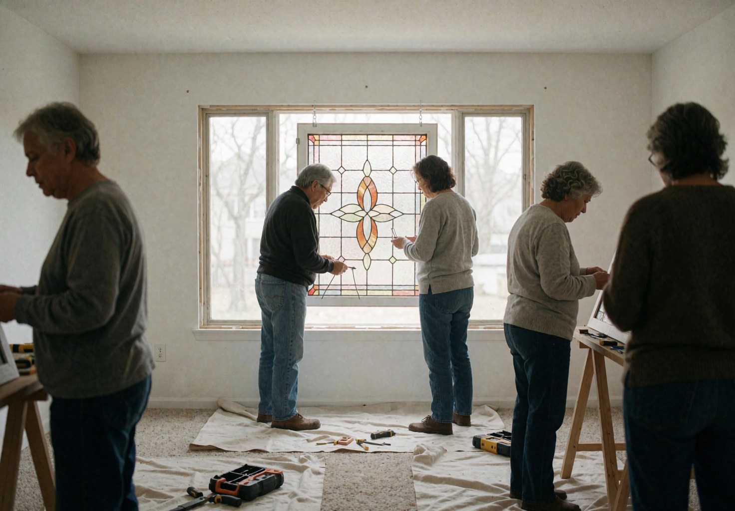 Des artisans posent un vitrail décoratif sur une fenêtre intérieure, avec des outils et une bâche de protection au sol.