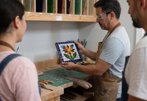 Artisan portant des lunettes de sécurité montre un panneau de mosaïque à motif floral dans un atelier de vitrerie avec outils et étagères en arrière-plan