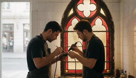 Deux artisans travaillent le verre sur une fenêtre gothique avec des vitraux rouges dans un atelier aux murs carrelés de blanc baigné de lumière naturelle.